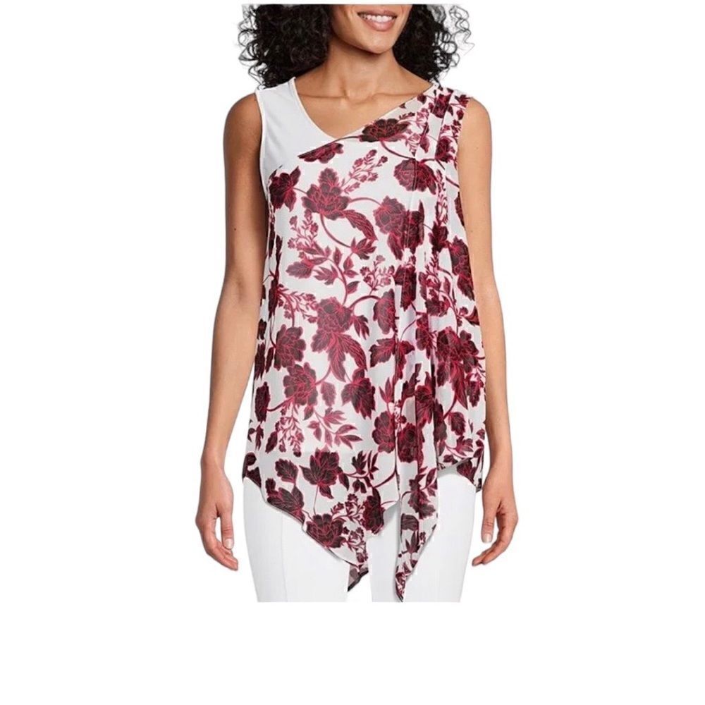 NWT Investments Slim Factor Floral Print Sleeveless Asymmetrical Neck Drape Top